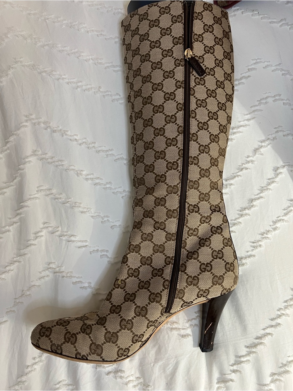 Gucci Brown GG Canvas Knee-High Heeled Boots - Picture 2 of 8